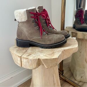 Frye Samantha Suede Faux Fur Lined Hiking Winter Boots in Taupe/Red - 8